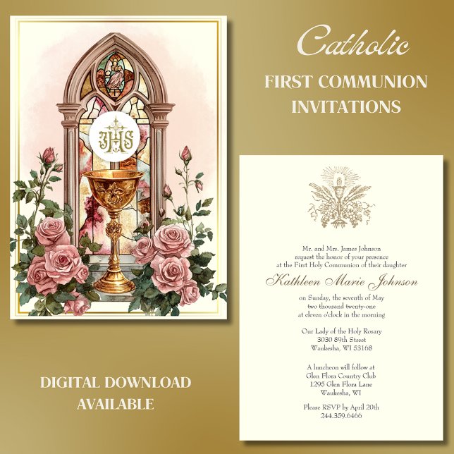 First Communion Chalice Host Rose Floral  Invitation (Creator Uploaded)