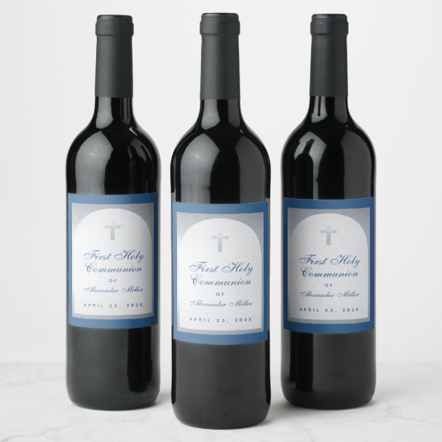 First Communion Classic Blue Faux Silver Arch Boy  Wine Label (Bottles)