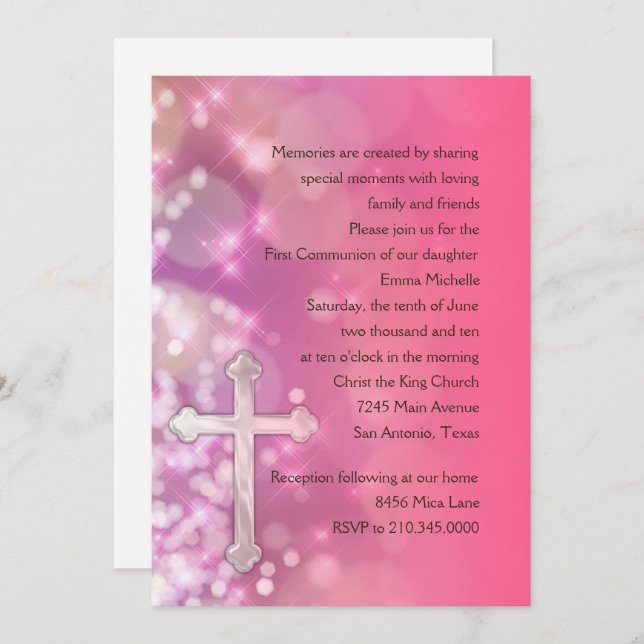 First Communion/Confirmation  Pink Sparkle Invitation (Front/Back)