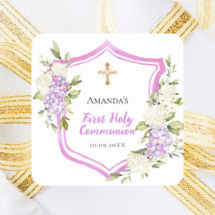 First Communion crest pink flowers Square Sticker