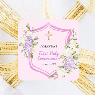 First Communion crest pink flowers Square Sticker