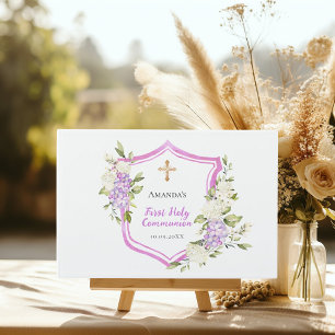 First Communion crest pink purple flowers girl Guest Book