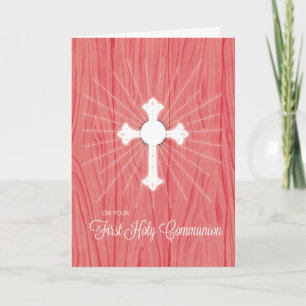 First Communion Cross and Rays on Pink Wood Card