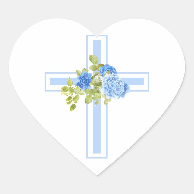 First Communion Cross Blue Roses Floral Heart Sticker (Front)