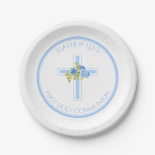 First Communion Cross Blue Roses Monogrammed Name Paper Plate