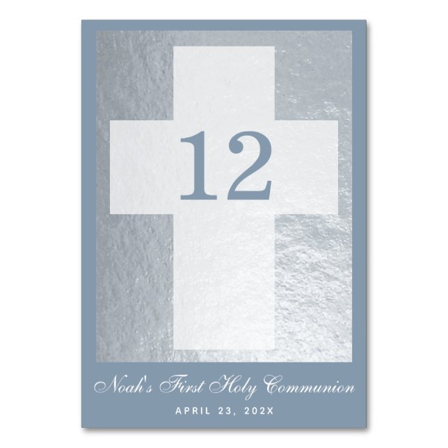 First Communion Cross Dusty Blue Faux Silver Boy Table Number (Front)