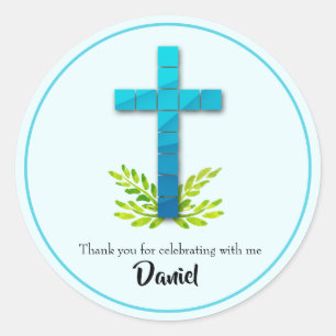 First Communion Cross on Blue Classic Round Sticker