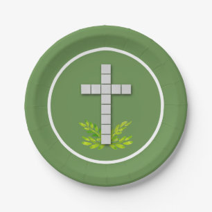 First Communion Cross on Moss Green Paper Plate