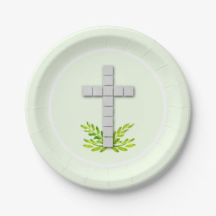 First Communion Cross on Pale Green Paper Plate