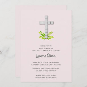 First Communion Cross on Pale Pink Invitations