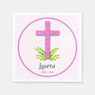 First Communion Cross on Pink Napkin