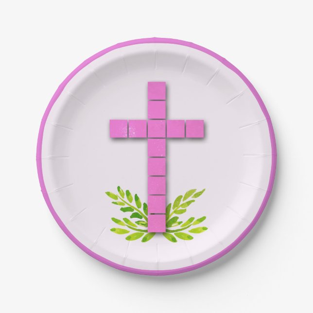 First Communion Cross on Pink Paper Plate (Front)