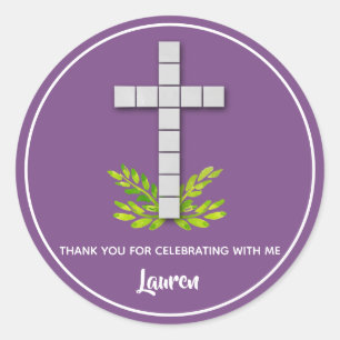 First Communion Cross on Purple Classic Round Sticker
