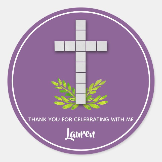 First Communion Cross on Purple Classic Round Sticker (Front)