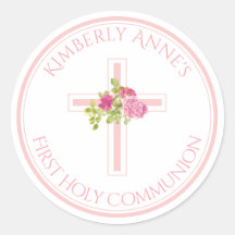 First Communion Cross Pink Roses Monogrammed Name
