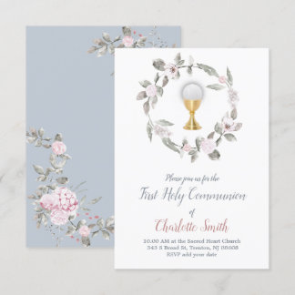first communion delicate floral watercolor invitation