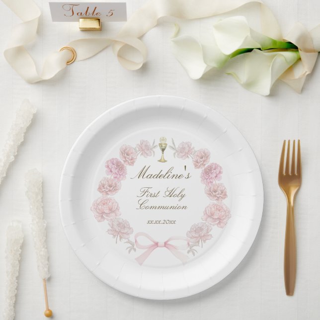 first communion delicate peonies frame paper plate (Wedding)