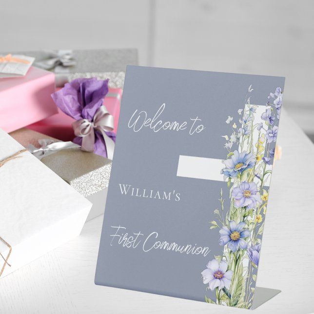 First Communion dusty blue floral cross welcome Pedestal Sign (Creator Uploaded)