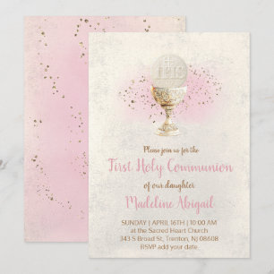 first communion  FAUX glitter and pink watercolor Invitation