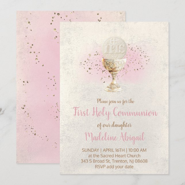 first communion  FAUX glitter and pink watercolor Invitation (Front/Back)