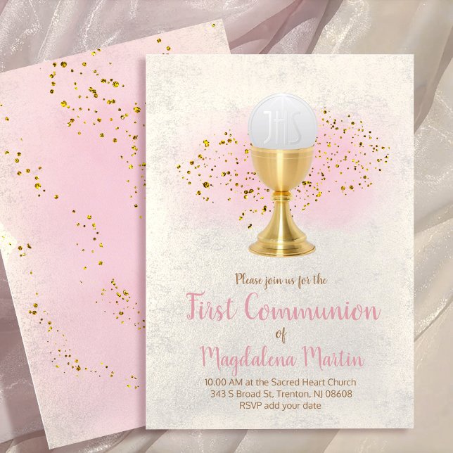 first communion  FAUX glitter and pink watercolor Invitation (Creator Uploaded)