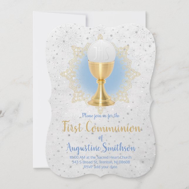first communion faux gold and faux glitter decor invitation (Front)