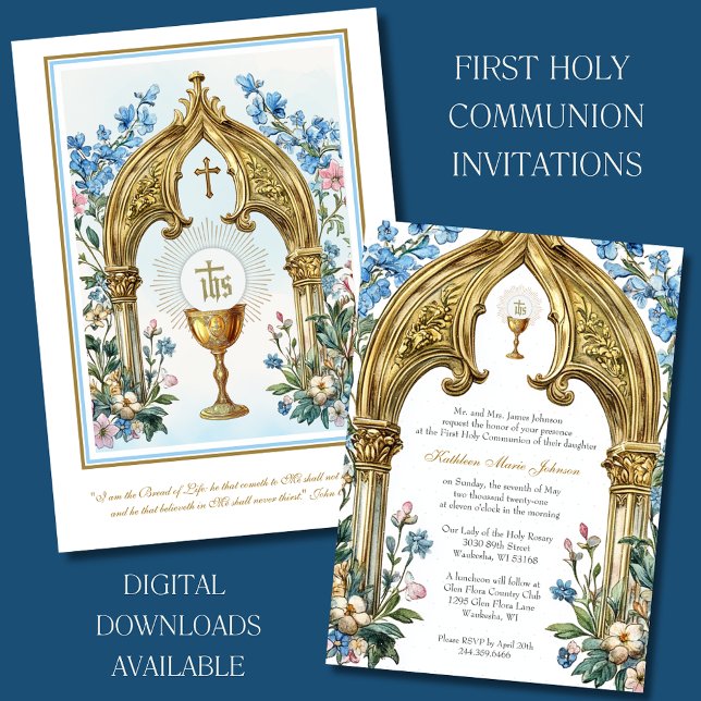 First Communion Floral and Gold Chalice Host Invitation (Creator Uploaded)