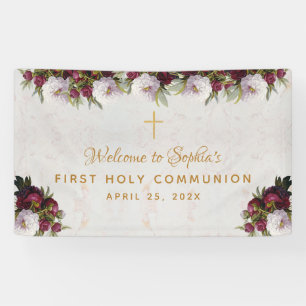 First Communion Floral Burgundy Peonies Welcome  Banner