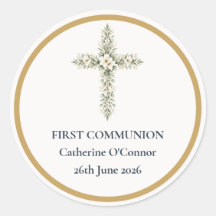 First Communion Floral Cross Round Sticker