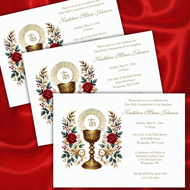  First Communion Floral Eucharist Red Roses Invitation (Creator Uploaded)
