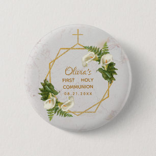First Communion Floral Gold Marble Calla Lilies 6 Cm Round Badge