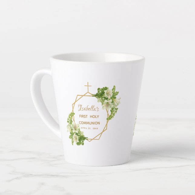 First Communion Floral Lilies Gold Cross Geometric Latte Mug (Left Angle)
