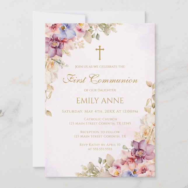 First Communion Floral Orchids Invitation (Front)