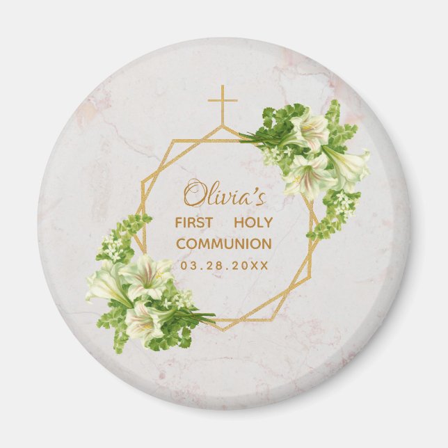 First Communion Floral White Lilies Marble Gold  Magnet (Front)