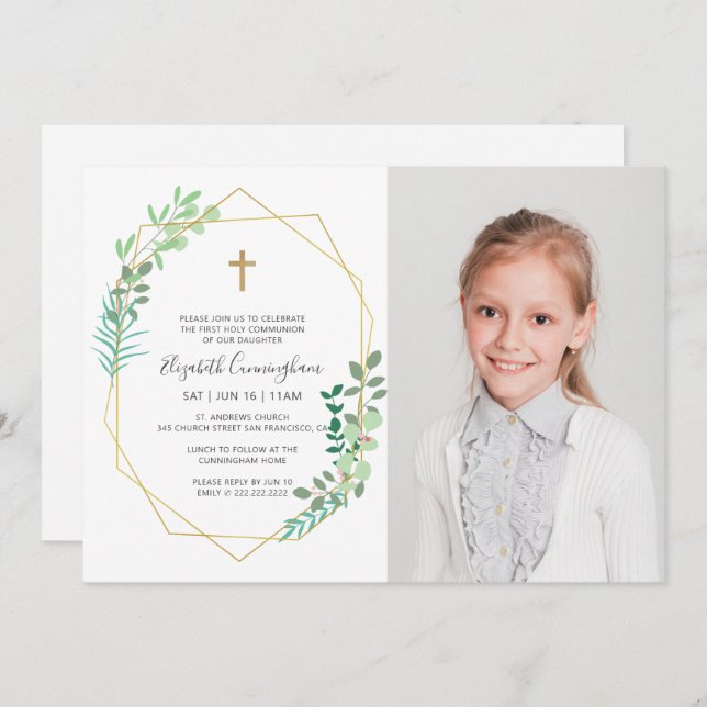 First Communion For Her Geometric Foliage Cross Invitation (Front/Back)