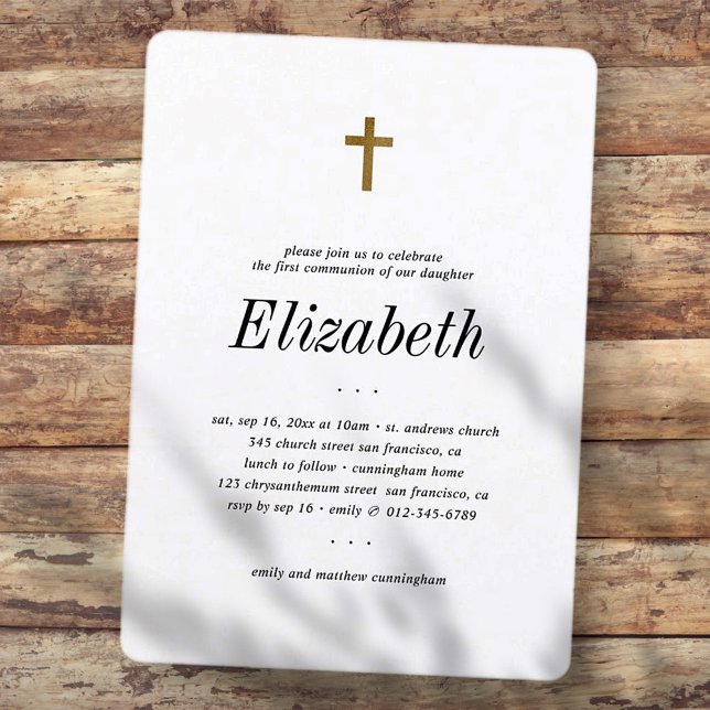 First Communion For Her Minimalist Faux Gold Cross Invitation (Creator Uploaded)