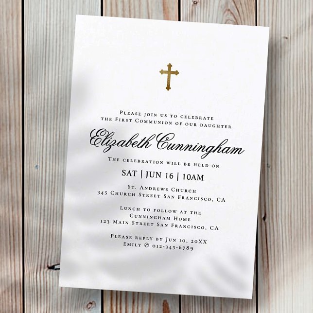 First Communion For Her | Minimalist Gold Cross Invitation (Creator Uploaded)