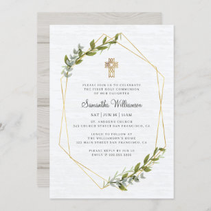 First Communion For Her Rustic Geometric Floral Invitation