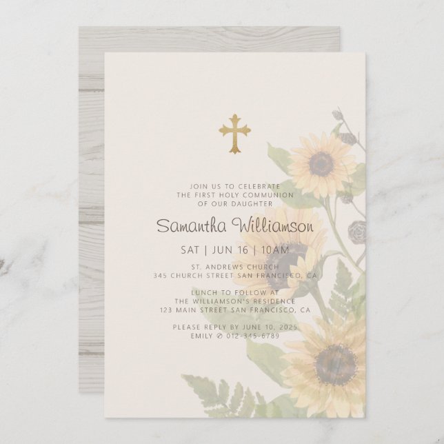 First Communion For Her Rustic Sunflower Floral Invitation (Front/Back)