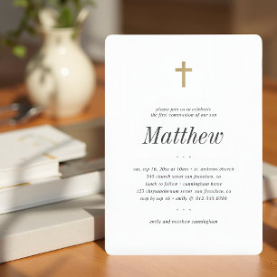 First Communion For Him Minimalist Faux Gold Cross Invitation
