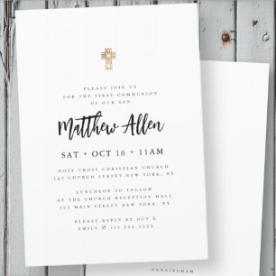 First Communion For Him Modern Minimalist Cross Invitation
