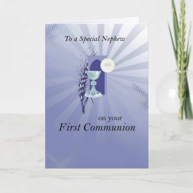 First Communion for Nephew with Blue Rays Card (Front)