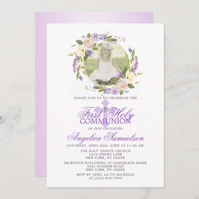 First Communion Girl Floral Purple Lavender PHOTO Invitation (Front/Back)