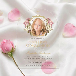 First Communion Girl Photo Floral Pink Gold Cross  Acrylic Invitations
