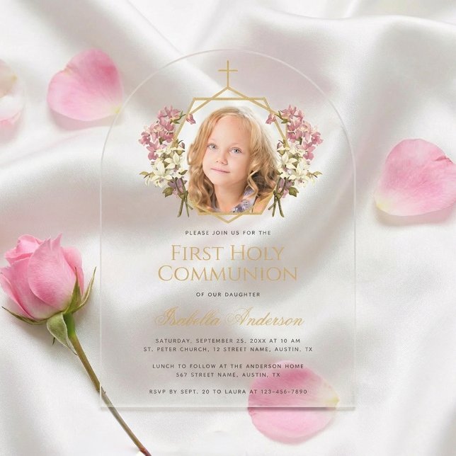 First Communion Girl Photo Floral Pink Gold Cross  Acrylic Invitations (Creator Uploaded)