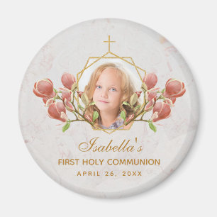 First Communion Girl Photo Floral Pink Magnolia  Magnet