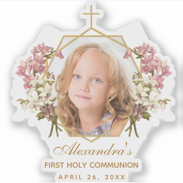 First Communion Girl Photo Gold Floral Pink Orchid (Front)