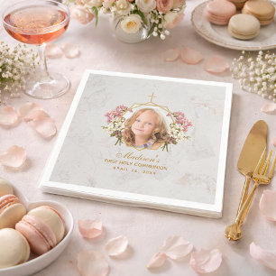 First Communion Girl Photo Marble Gold Pink Orchid Napkin