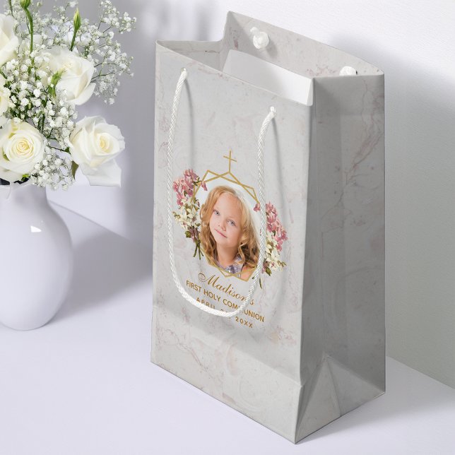 First Communion Girl Photo Marble Gold Pink Orchid Small Gift Bag (Creator Uploaded)