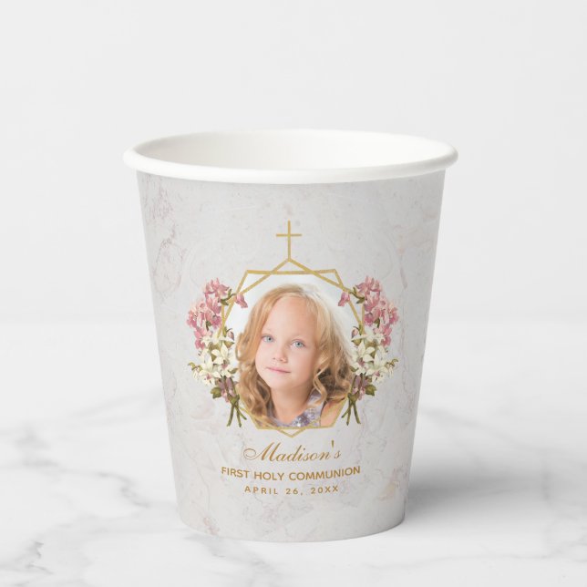 First Communion Girl Photo Marble Pink Orchid Gold Paper Cups (Front)